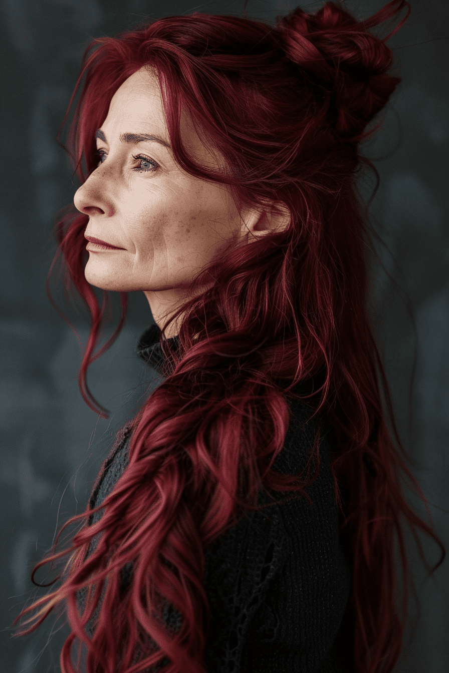 Burgundy Waves Half-Updo