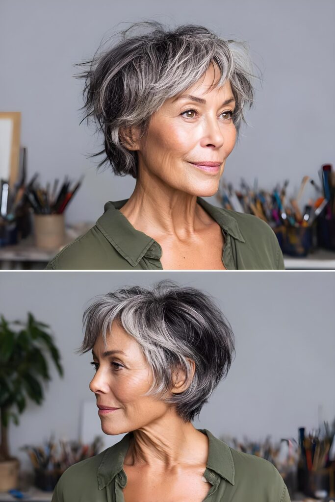 feathered gray pixie volume
