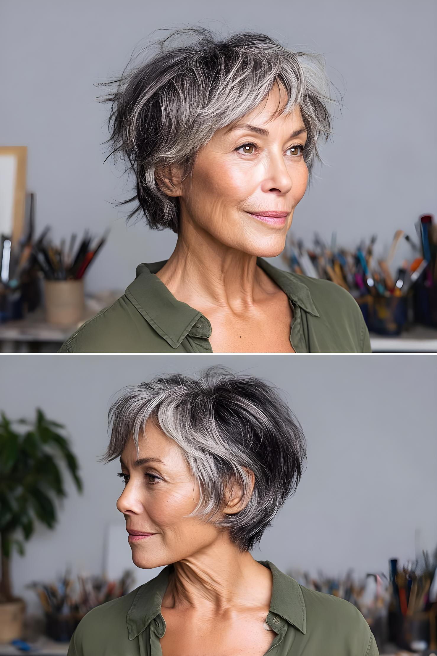feathered gray pixie volume