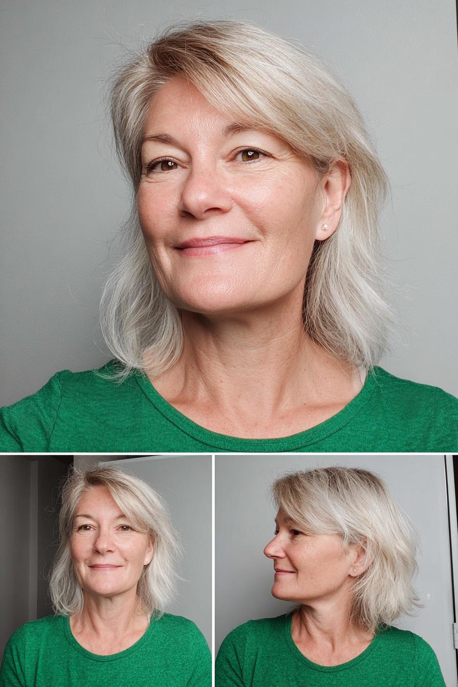 Soft Silver Side Swept Hair