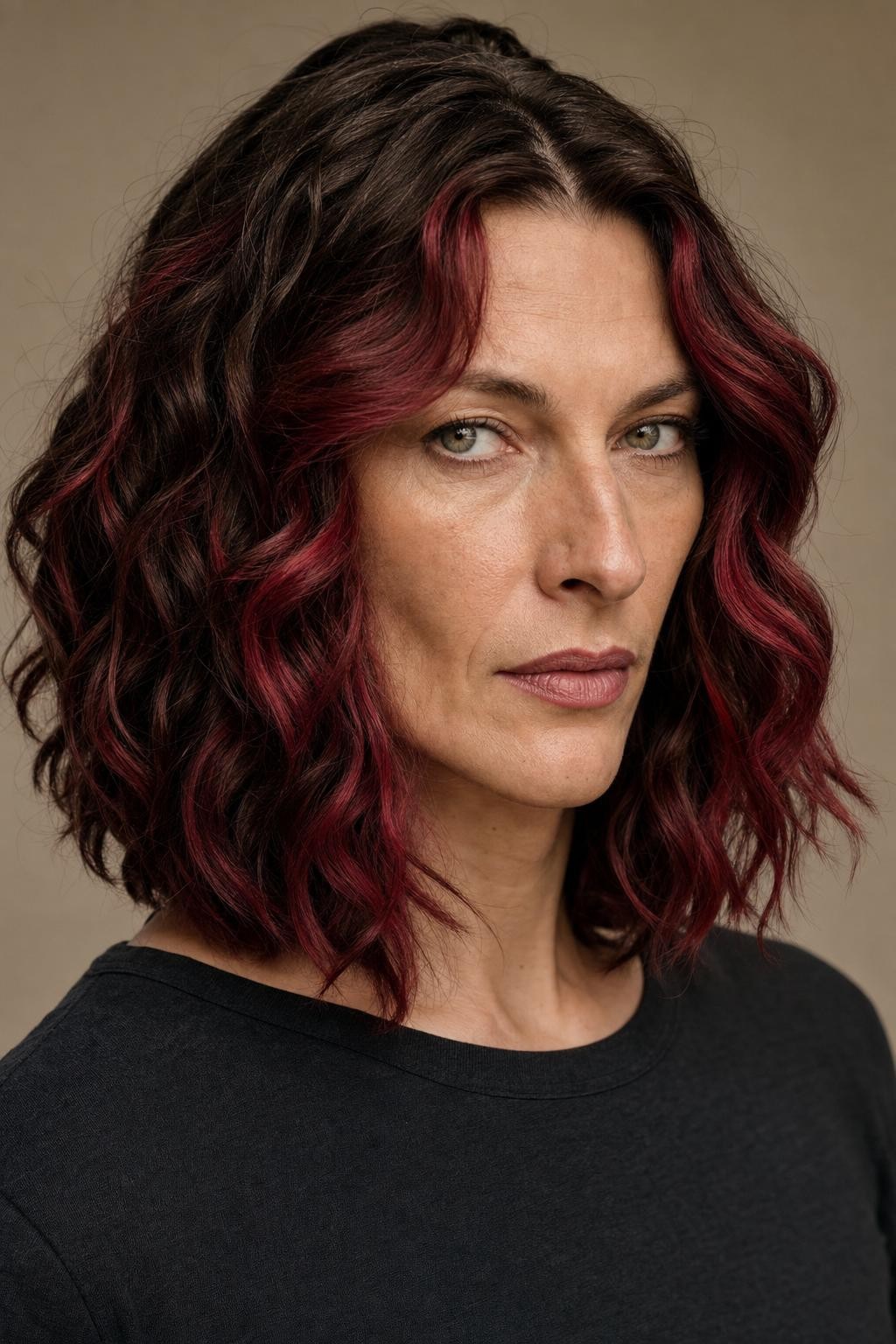 Brunette Lob With Cranberry Highlights