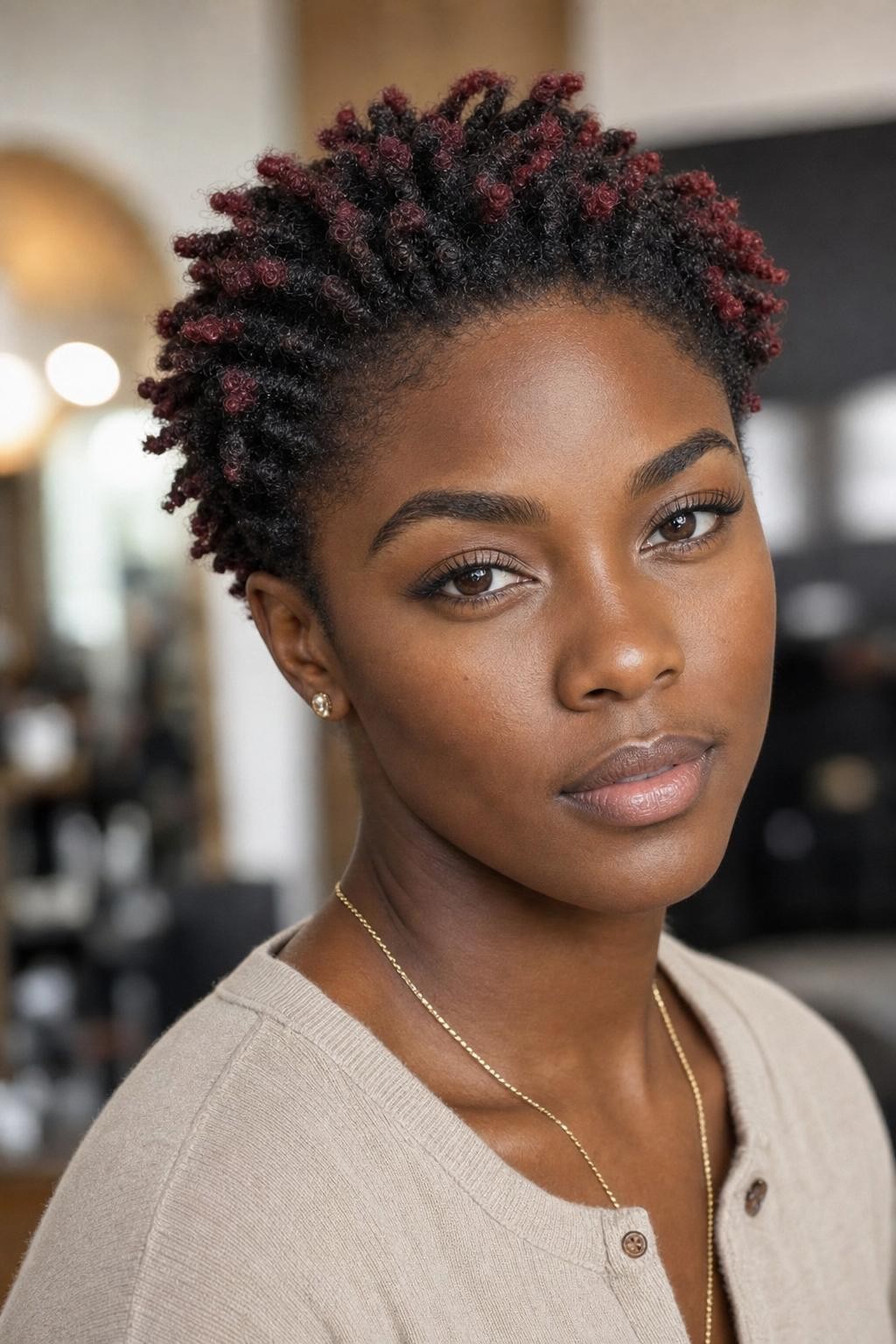 Burgundy Highlighted Short Natural Curls